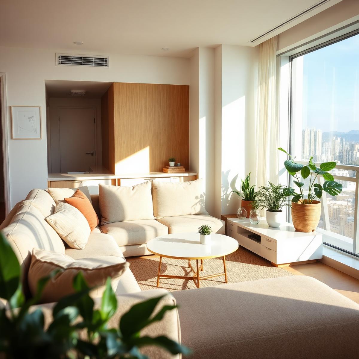 Bright living area with plants and city view